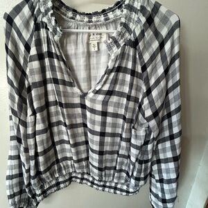 Cloth & Stone Anthropologie Black White Gingham Smocked Crop Blouse Size S